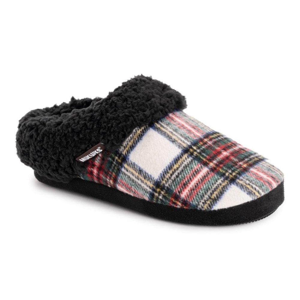 MUK LUKS White & Gray Plaid Suki Slippers